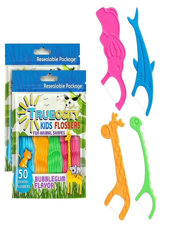 Trueocity Kids Flossers 2 Pack (100 Total), Kids Floss Picks, Flossers Children, Floss Children, Animal Shapes, Glides Easy Between Teeth, Flosser Helps Prevent Tooth Decay & Gum Disease, Bubble Gum Flavored - Image 1